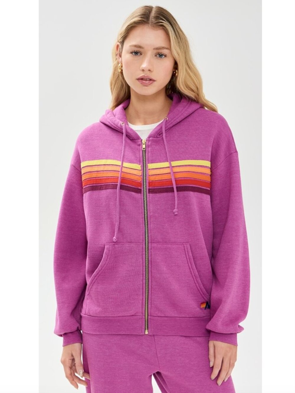 Aviator Nation 5 Stripe Zip Hoodie Relaxed in Magenta